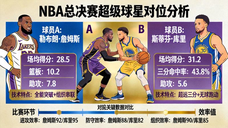 NBA总决赛中两位超级球星正面交锋的对位分析示意图