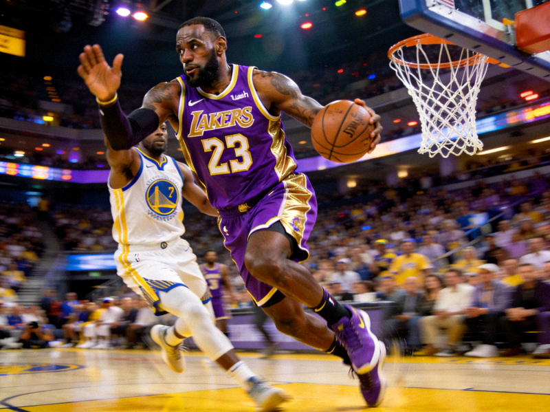 NBA季后赛湖人队与勇士队比赛中，詹姆斯持球突破上篮的瞬间